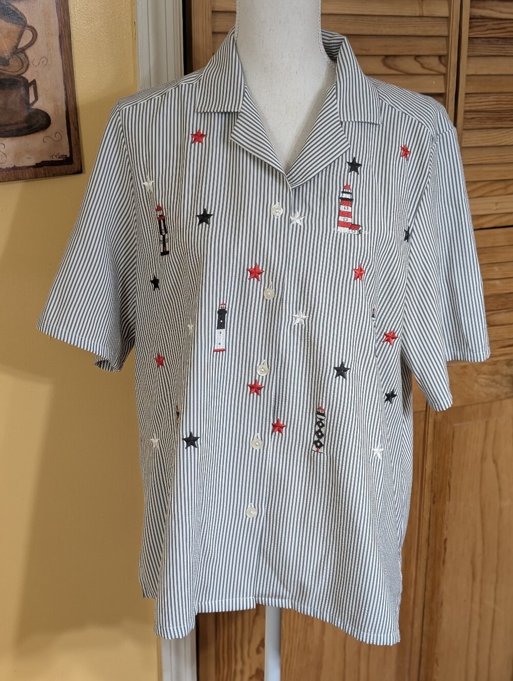 Bonworth Nautical Lighthouse Stripe Embroidered Blouse - L
